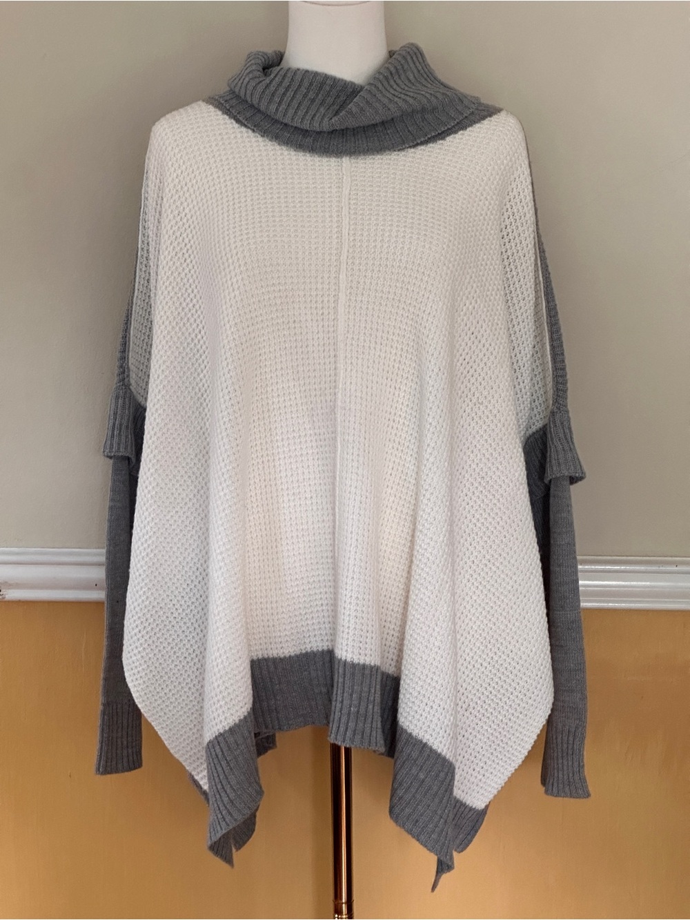 Relaxed Two-Tone White and Gray Knit Poncho with Cowl Neck